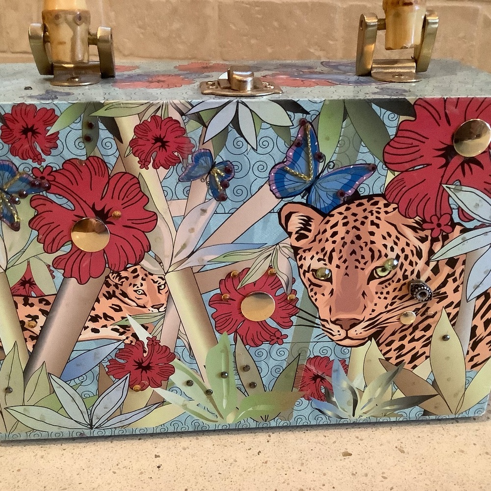 Vintage Tiger Design Handmade Bag multicolored Bamboo look Handle